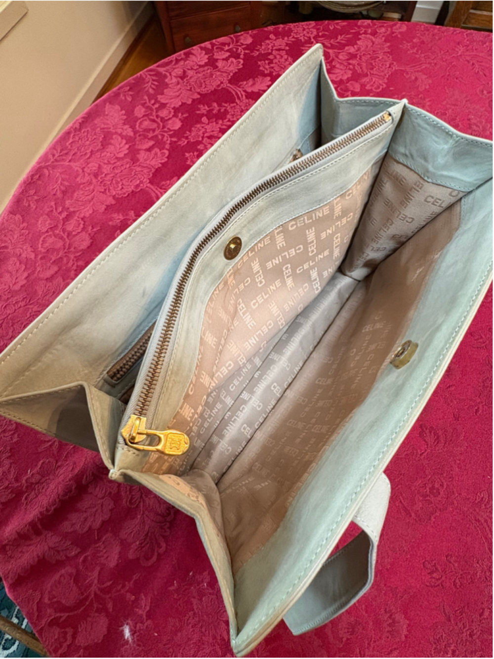 Celine Greenish-Grey Nubuck Shoulder Bag with Gold Hardware - Picture 8 of 11